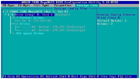 منوی Foreign View تنظیمات رید کنترلر Avago 3108 SAS