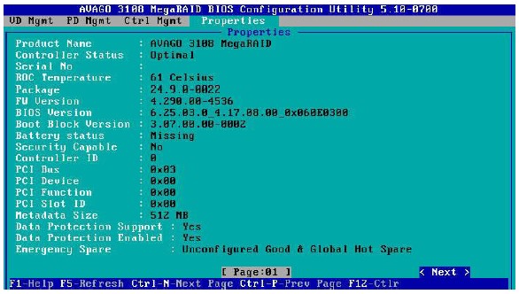 منوی Properties تنظیمات رید کنترلر Avago 3108 SAS