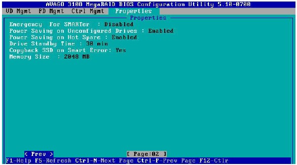 منوی Properties تنظیمات رید کنترلر Avago 3108 SAS
