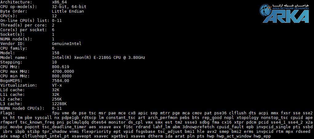 تست دستور Lscpu روی پردازنده Intel Xeon E 2186G 