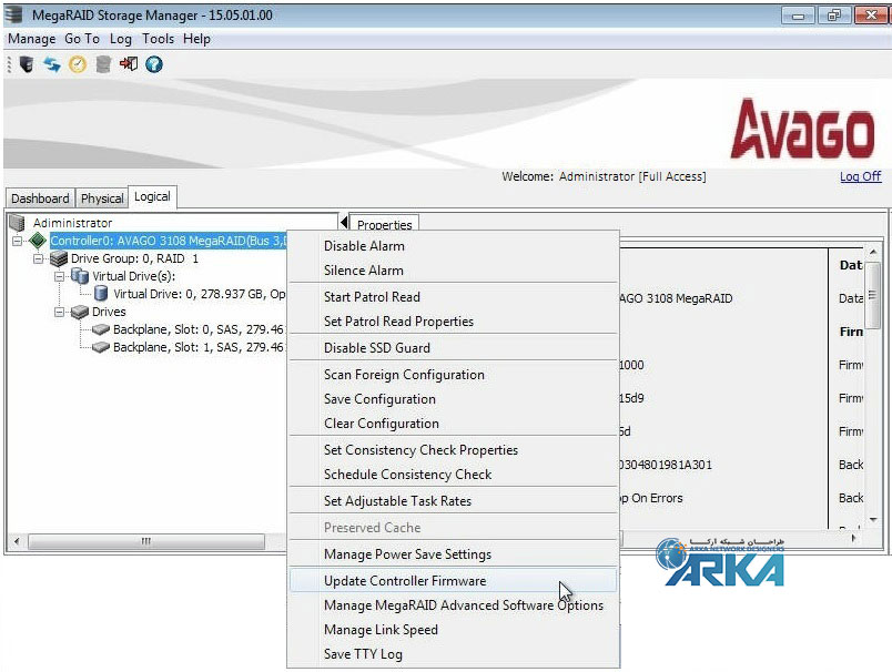 آپدیت فريمور رید کنترلر LSI 3108 توسط MegaRAID Storage Manager